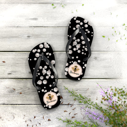 Bee Boujee Flip Flops - BLACK in Sea of Pearls - MEDIUM