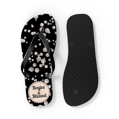 Boujee & Blessed Flip Flops - BLACK in Sea of Pearls - LARGE