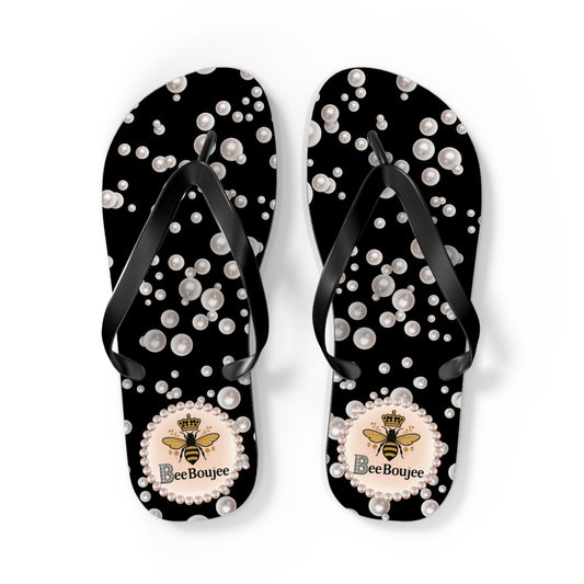 Bee Boujee Flip Flops - BLACK in Sea of Pearls - LARGE