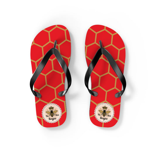 The Boujee Hive Crowned-Bee Flip-Flops (RED/Golden Honeycomb) - SMALL