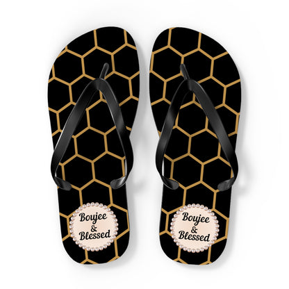 Boujee & Blessed Flip Flops - BLACK Golden Honeycomb - EXTRA LARGE