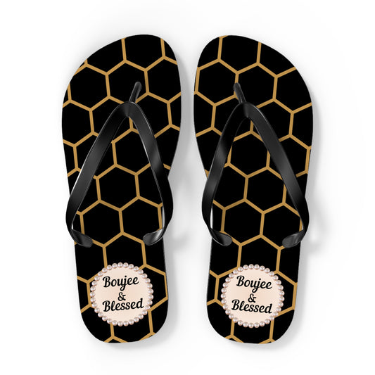 Boujee & Blessed Flip Flops - BLACK Golden Honeycomb - EXTRA LARGE