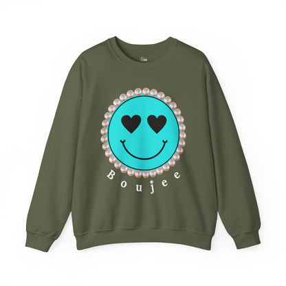 Bee Boujee - Boujee Smiley Face Turquoise in Pearls Heavy Blend™ Dark Colors Crewneck Sweatshirt