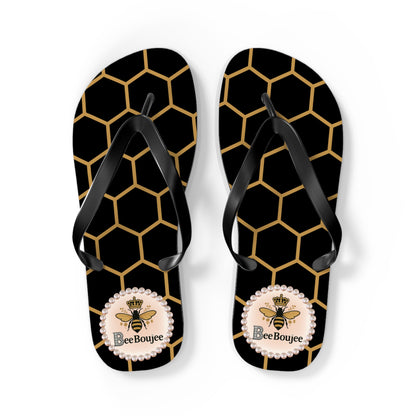 Bee Boujee Flip Flops - BLACK Golden Honeycomb - LARGE