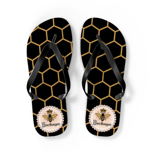 Bee Boujee Flip Flops - BLACK Golden Honeycomb - LARGE
