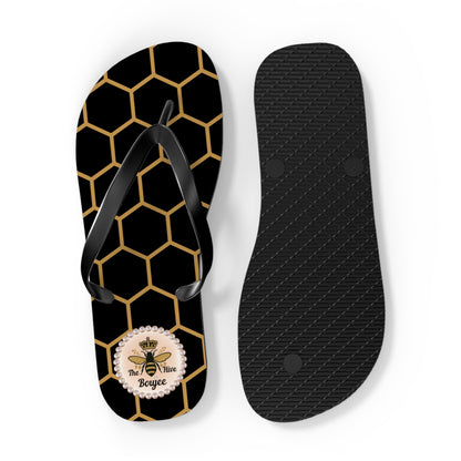 The Boujee Hive Flip Flops - BLACK Golden Honeycomb - EXTRA LARGE
