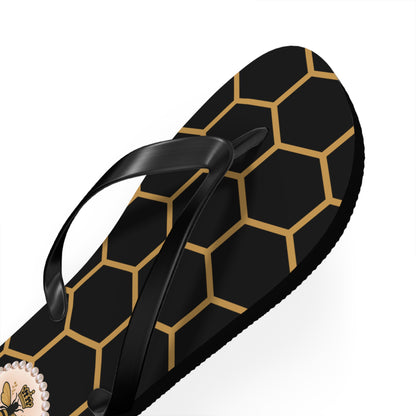 Bee Boujee Flip Flops - BLACK Golden Honeycomb - MEDIUM