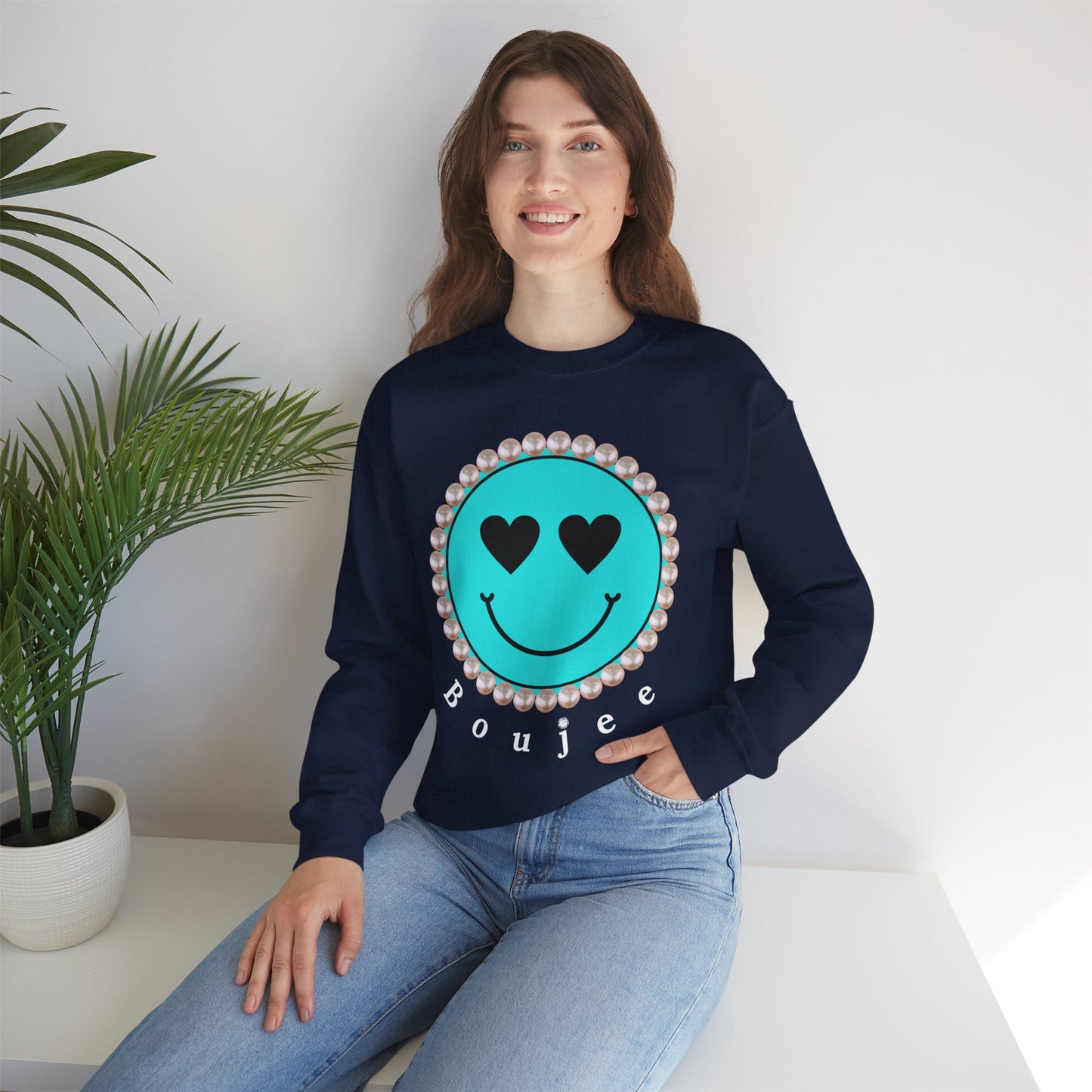 Bee Boujee - Boujee Smiley Face Turquoise in Pearls Heavy Blend™ Dark Colors Crewneck Sweatshirt