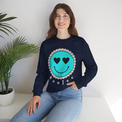 Bee Boujee - Boujee Smiley Face Turquoise in Pearls Heavy Blend™ Dark Colors Crewneck Sweatshirt