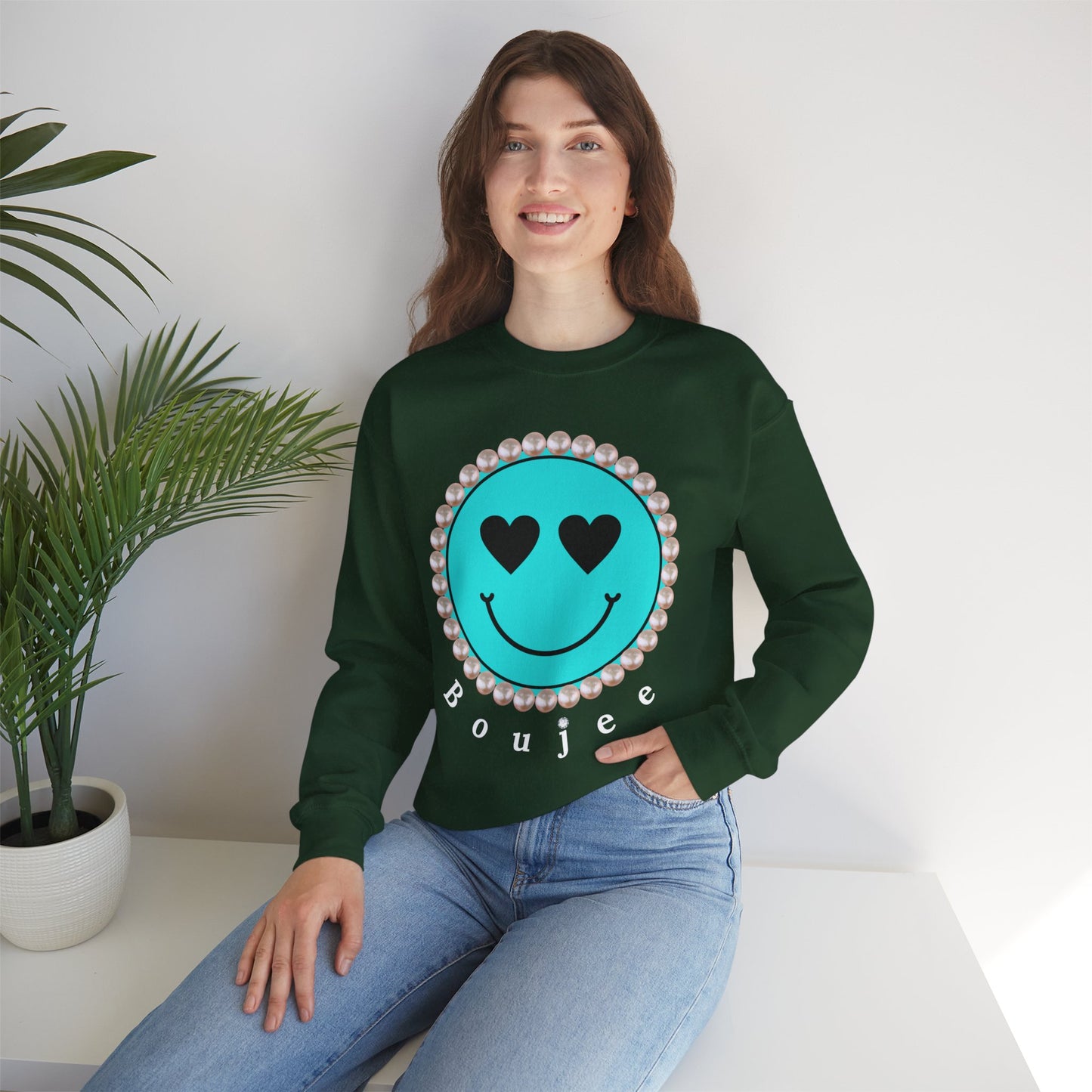 Bee Boujee - Boujee Smiley Face Turquoise in Pearls Heavy Blend™ Dark Colors Crewneck Sweatshirt