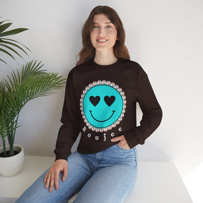 Bee Boujee - Boujee Smiley Face Turquoise in Pearls Heavy Blend™ Dark Colors Crewneck Sweatshirt
