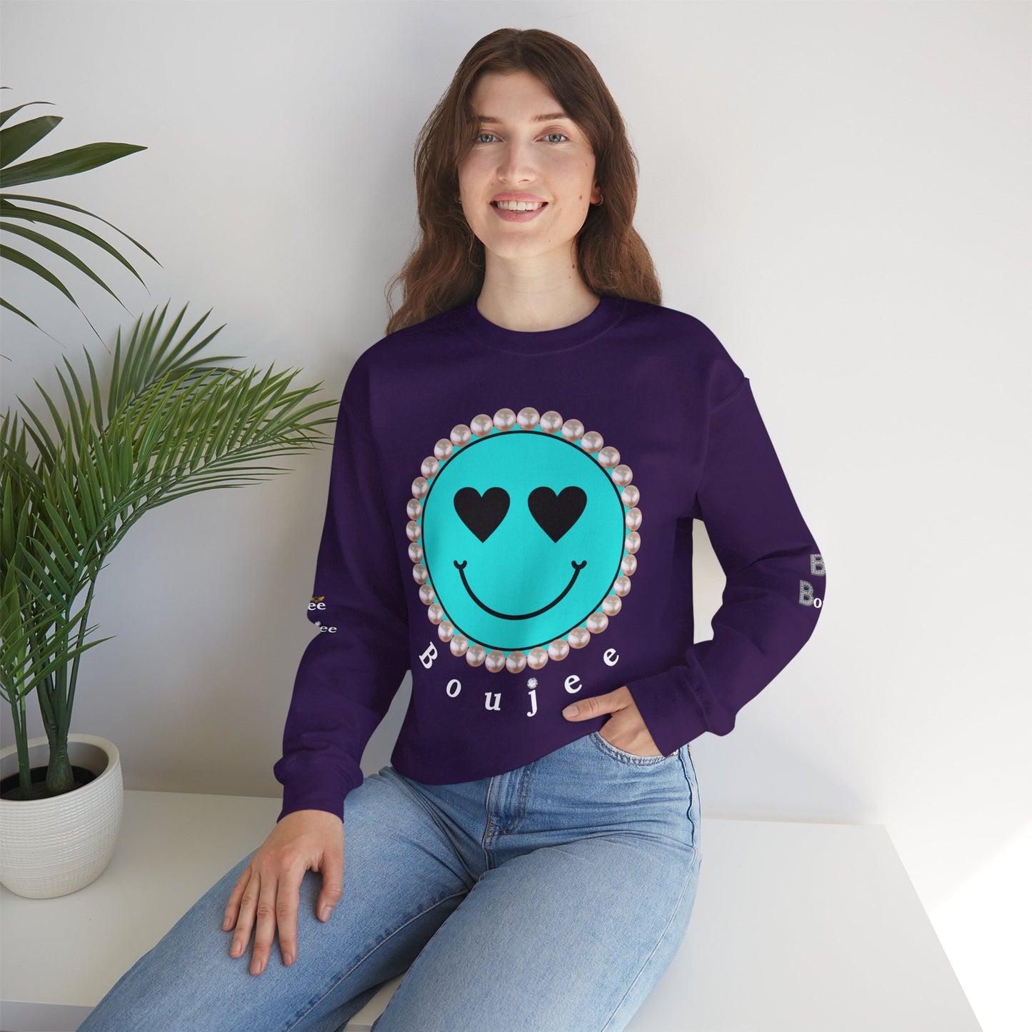 Bee Boujee - Boujee Smiley Face Turquoise in Diamonds Heavy Blend™ Dark Colors Crewneck Sweatshirt