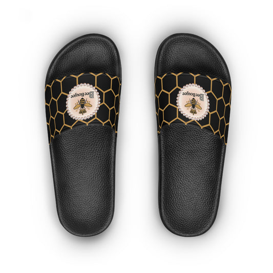 Bee Boujee Golden Honeycomb Pearl-Emblem Women’s Slides Sandals, Summer Footwear, Cute Beach Slippers, Casual Slip-Ons