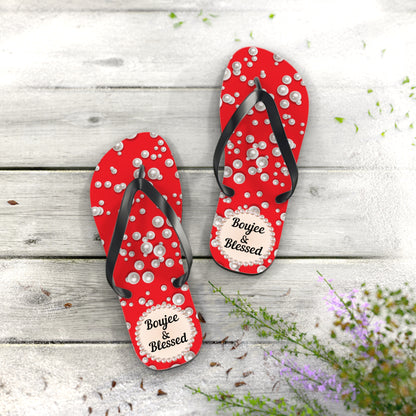 Boujee & Blessed Flip Flops - RED in Sea of Pearls - LARGE