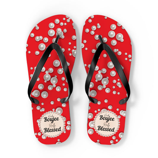 Kinda Boujee Really Blessed Flip Flops - RED in Sea of Pearls - EXTRA LARGE