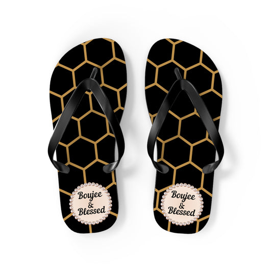 Boujee & Blessed Flip Flops - BLACK Golden Honeycomb - MEDIUM