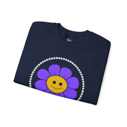 Boujee Flower Smiley Face Purple Gold - Heavy Blend™ Dark Colors Crewneck Sweatshirt