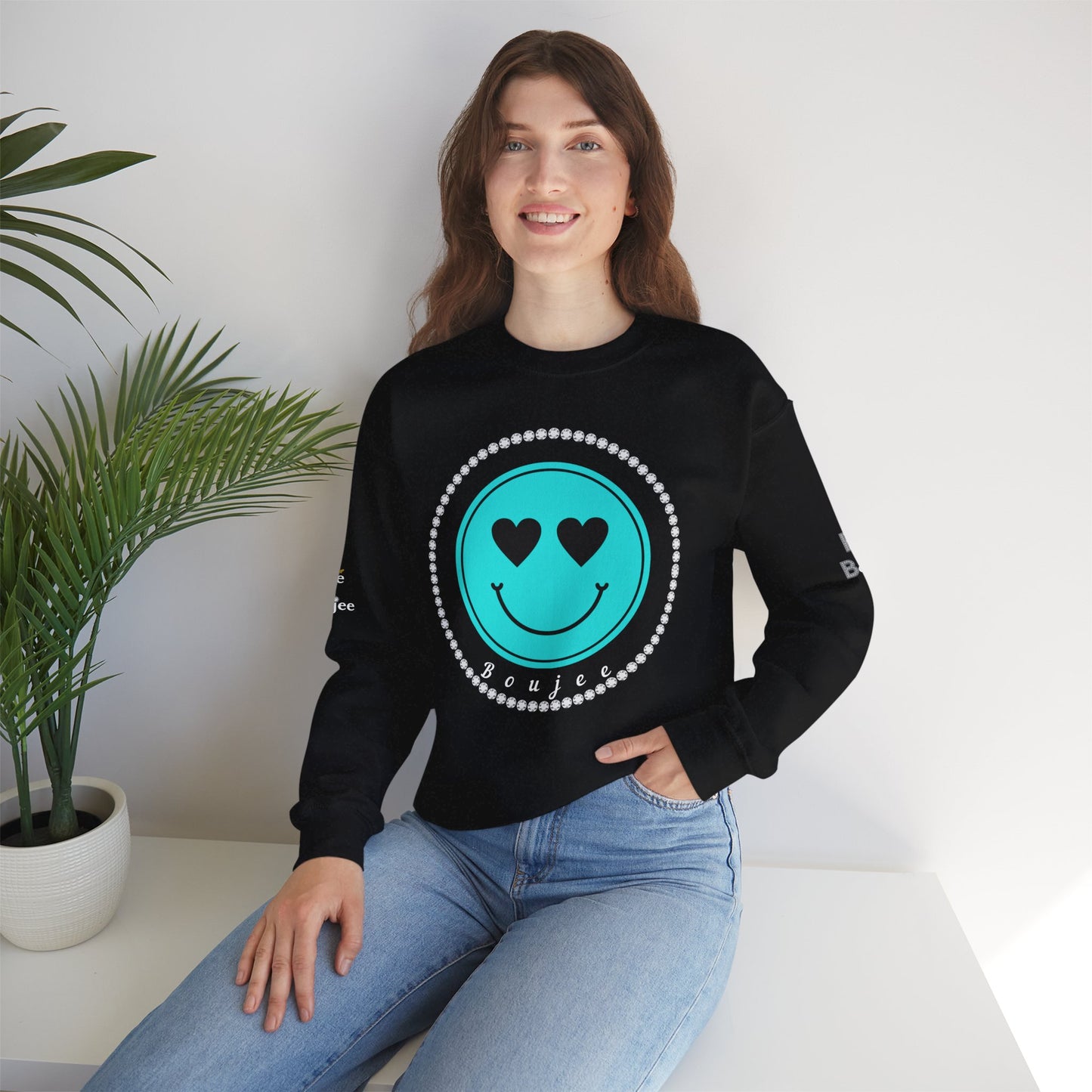 Bee Boujee - Boujee Smiley Face Turquoise in Diamonds Heavy Blend™ Dark Colors Crewneck Sweatshirt