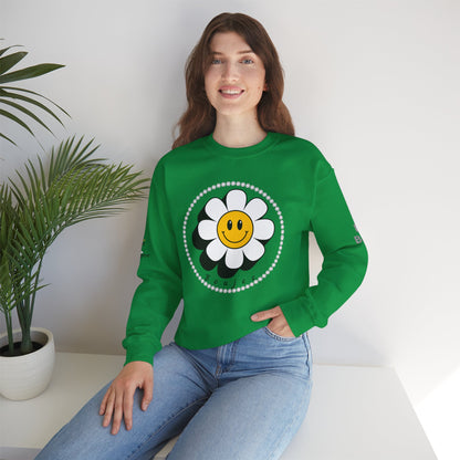 Boujee Flower Smiley Face White Gold - Heavy Blend™ Light Colors Crewneck Sweatshirt