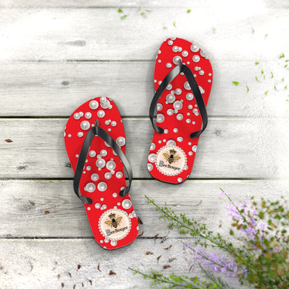 Bee Boujee Flip Flops - RED in Sea of Pearls - MEDIUM