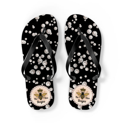 The Boujee Hive Flip Flops - BLACK in Sea of Pearls - LARGE