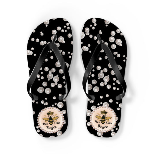 The Boujee Hive Flip Flops - BLACK in Sea of Pearls - LARGE