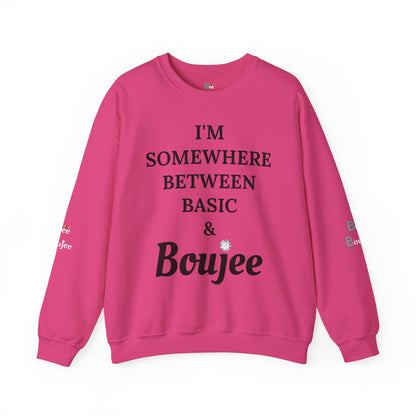 I'm Somewhere Between Basic & Boujee - Heavy Blend™ Light Colors Crewneck Sweatshirt