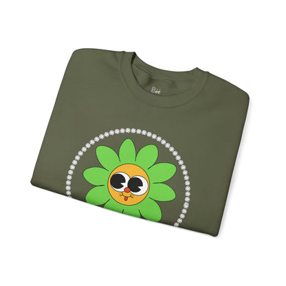 Boujee Flower Smiley Face Green Gold Wide-Eyed - Heavy Blend™ Dark Colors Crewneck Sweatshirt