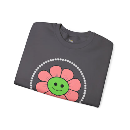 Boujee Flower Smiley Face Pink Green - Heavy Blend™ Dark Colors Crewneck Sweatshirt