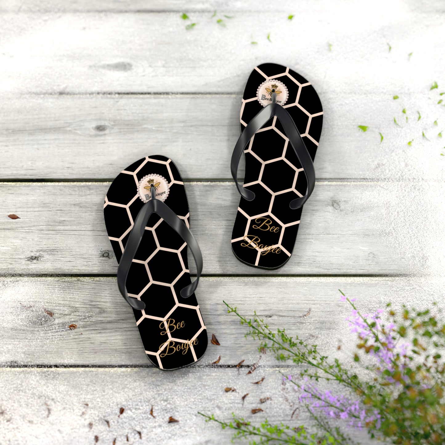Bee Boujee Peach Honeycomb Flip-Flops (Black & Gold) - SMALL
