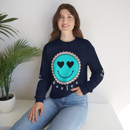 Bee Boujee - Boujee Smiley Face Turquoise in Diamonds Heavy Blend™ Dark Colors Crewneck Sweatshirt