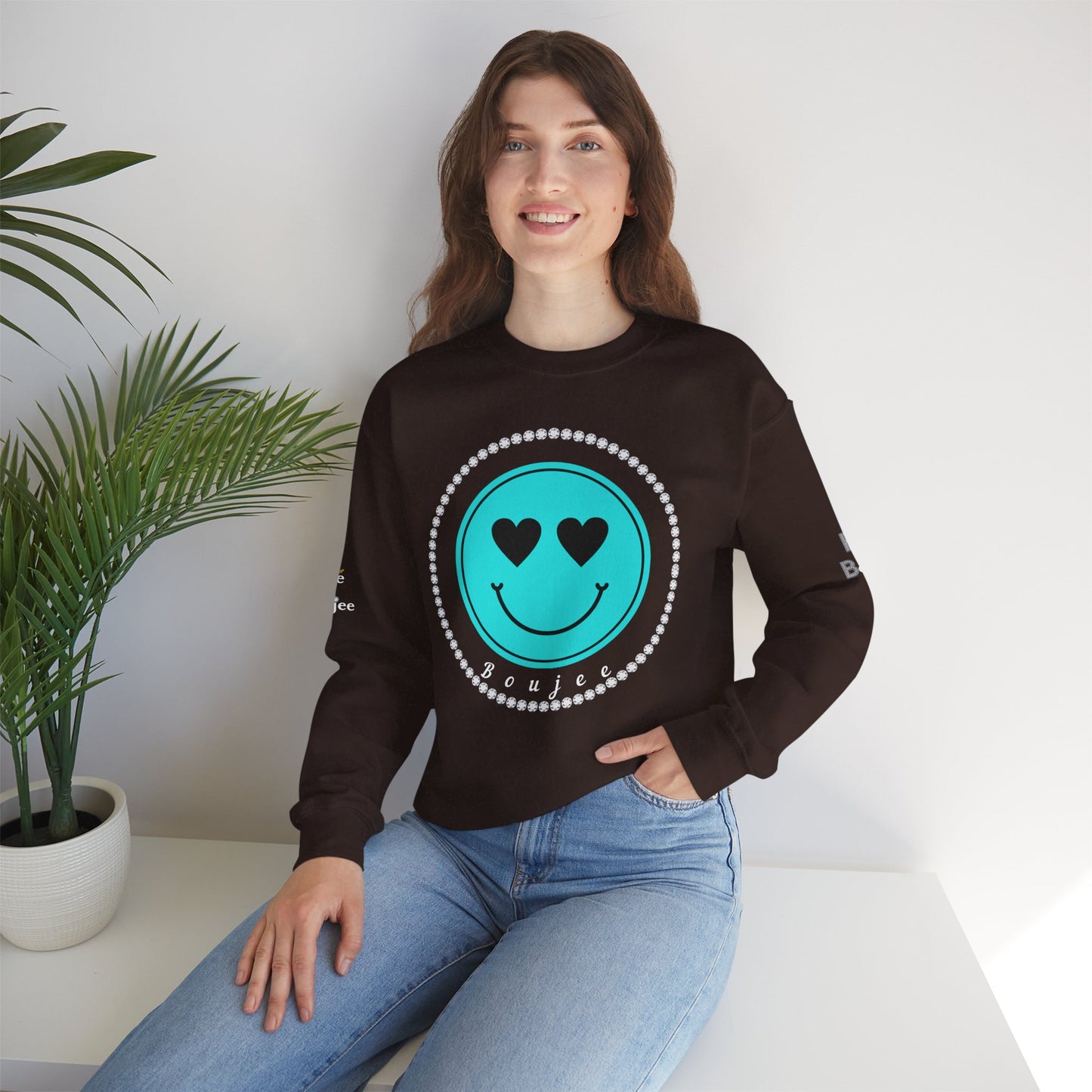 Bee Boujee - Boujee Smiley Face Turquoise in Diamonds Heavy Blend™ Dark Colors Crewneck Sweatshirt