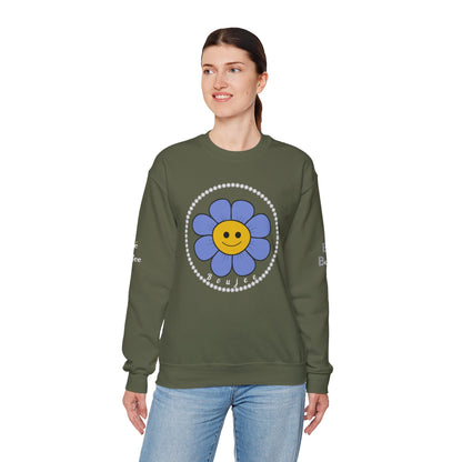 Boujee Flower Smiley Face Blue Gold - Heavy Blend™ Dark Colors Crewneck Sweatshirt