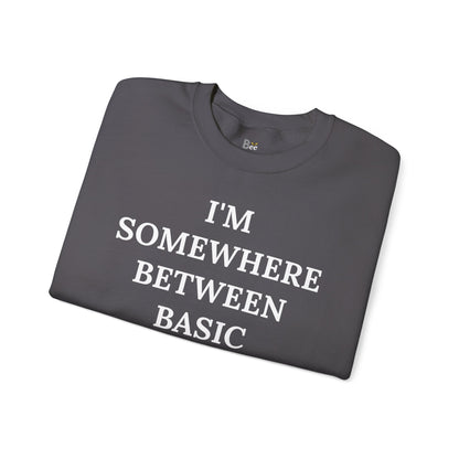 I'm Somewhere Between Basic & Boujee - Heavy Blend™ Dark Colors Crewneck Sweatshirt
