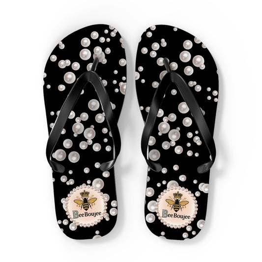 Bee Boujee Flip Flops - BLACK in Sea of Pearls - EXTRA LARGE
