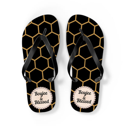 Boujee & Blessed Flip Flops - BLACK Golden Honeycomb - LARGE