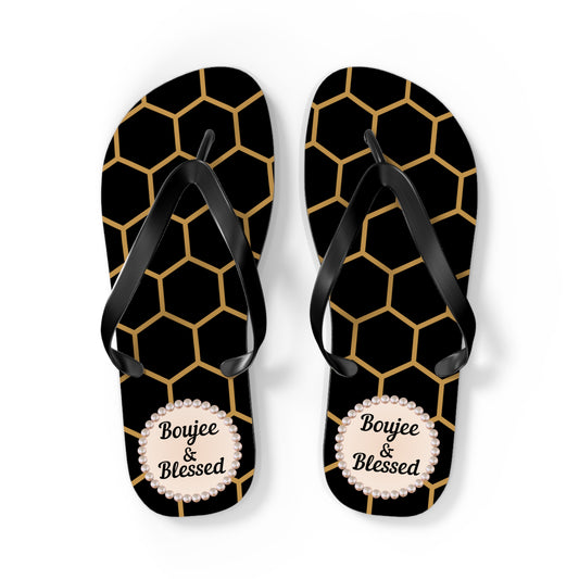 Boujee & Blessed Flip Flops - BLACK Golden Honeycomb - LARGE
