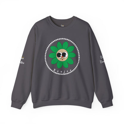Boujee Flower Smiley Face Green Tan Wide-Eyed - Heavy Blend™ Dark Colors Crewneck Sweatshirt