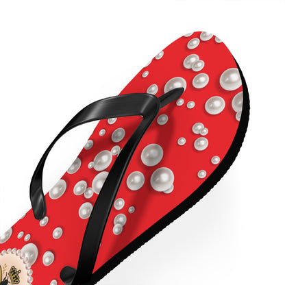 The Boujee Hive Flip Flops - RED in Sea of Pearls - MEDIUM