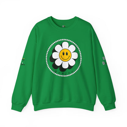Boujee Flower Smiley Face White Gold - Heavy Blend™ Light Colors Crewneck Sweatshirt