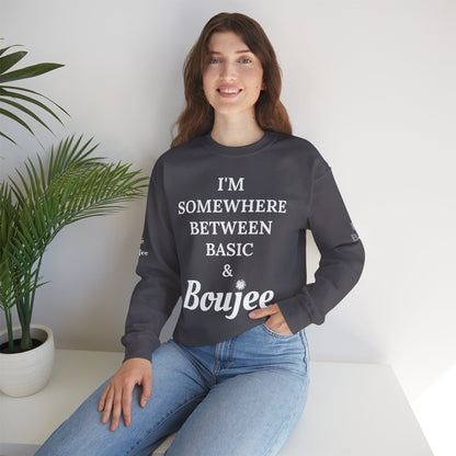 I'm Somewhere Between Basic & Boujee - Heavy Blend™ Dark Colors Crewneck Sweatshirt