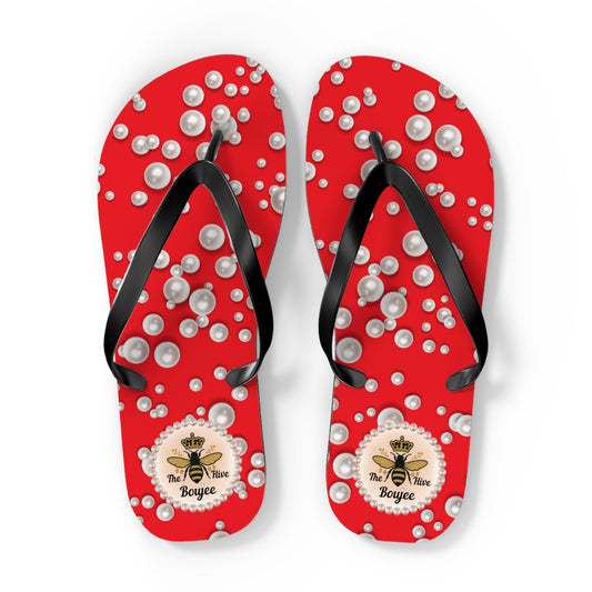 The Boujee Hive Flip Flops - RED in Sea of Pearls - EXTRA LARGE