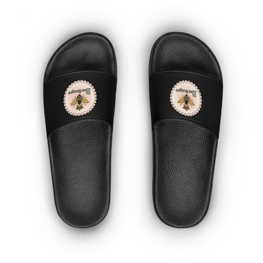 Bee Boujee Pearl-Emblem Women’s Slides Sandals, Summer Footwear, Cute Beach Slippers, Casual Slip-Ons