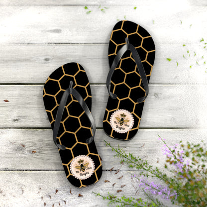 The Boujee Hive Flip Flops - BLACK Golden Honeycomb - EXTRA LARGE