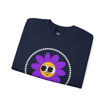 Boujee Flower Smiley Face Purple Gold Wide-Eyed - Heavy Blend™ Dark Colors Crewneck Sweatshirt