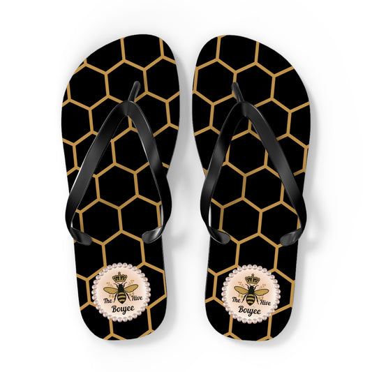 The Boujee Hive Flip Flops - BLACK Golden Honeycomb - EXTRA LARGE