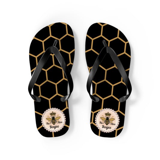 The Boujee Hive Flip Flops - BLACK Golden Honeycomb - MEDIUM