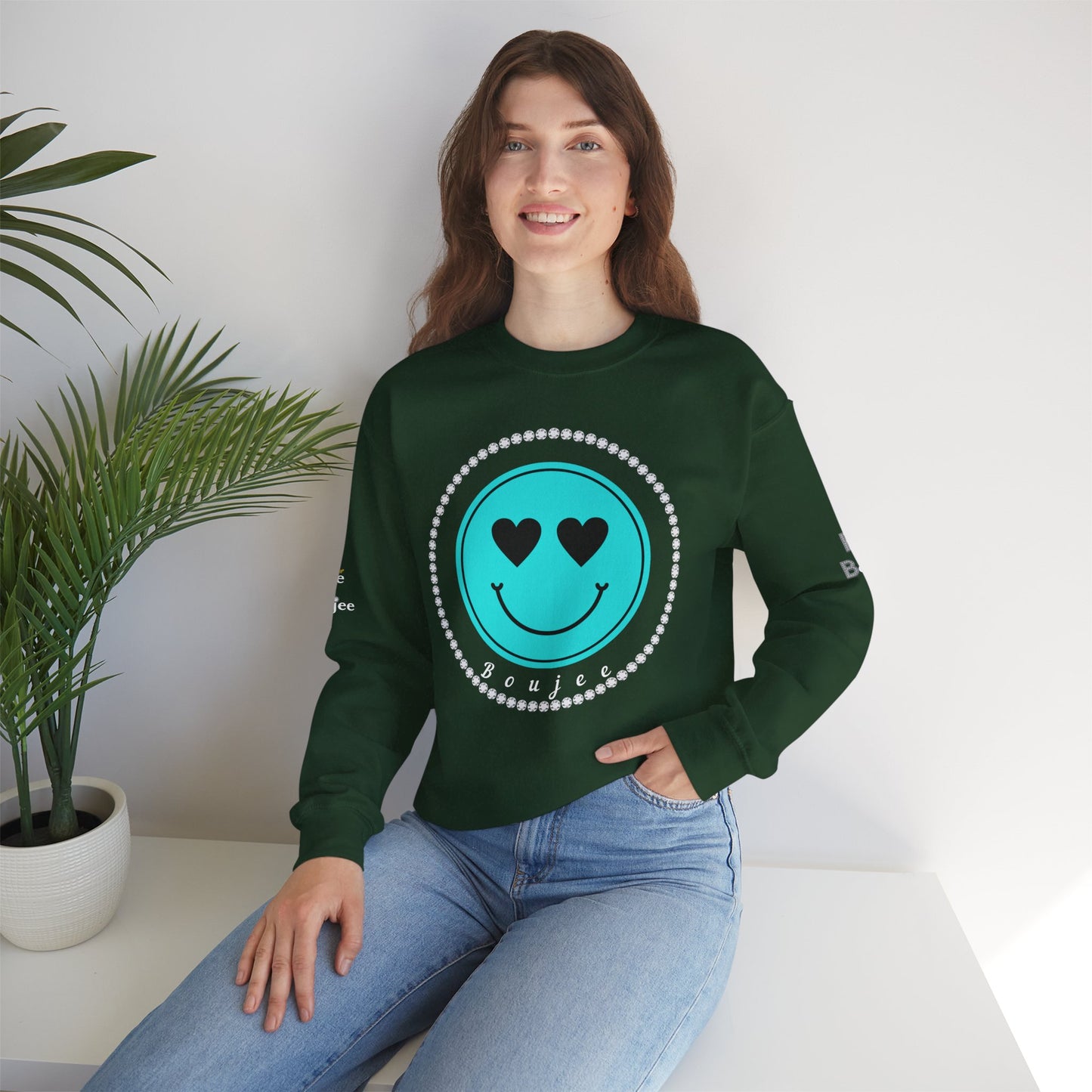 Bee Boujee - Boujee Smiley Face Turquoise in Diamonds Heavy Blend™ Dark Colors Crewneck Sweatshirt