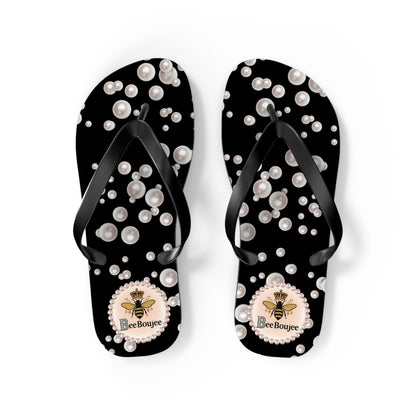 Bee Boujee Flip Flops - BLACK in Sea of Pearls - MEDIUM