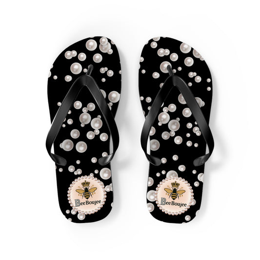 Bee Boujee Flip Flops - BLACK in Sea of Pearls - MEDIUM